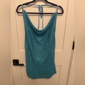 Meshki Embellished Turquoise Backless Dress with Side Slits
